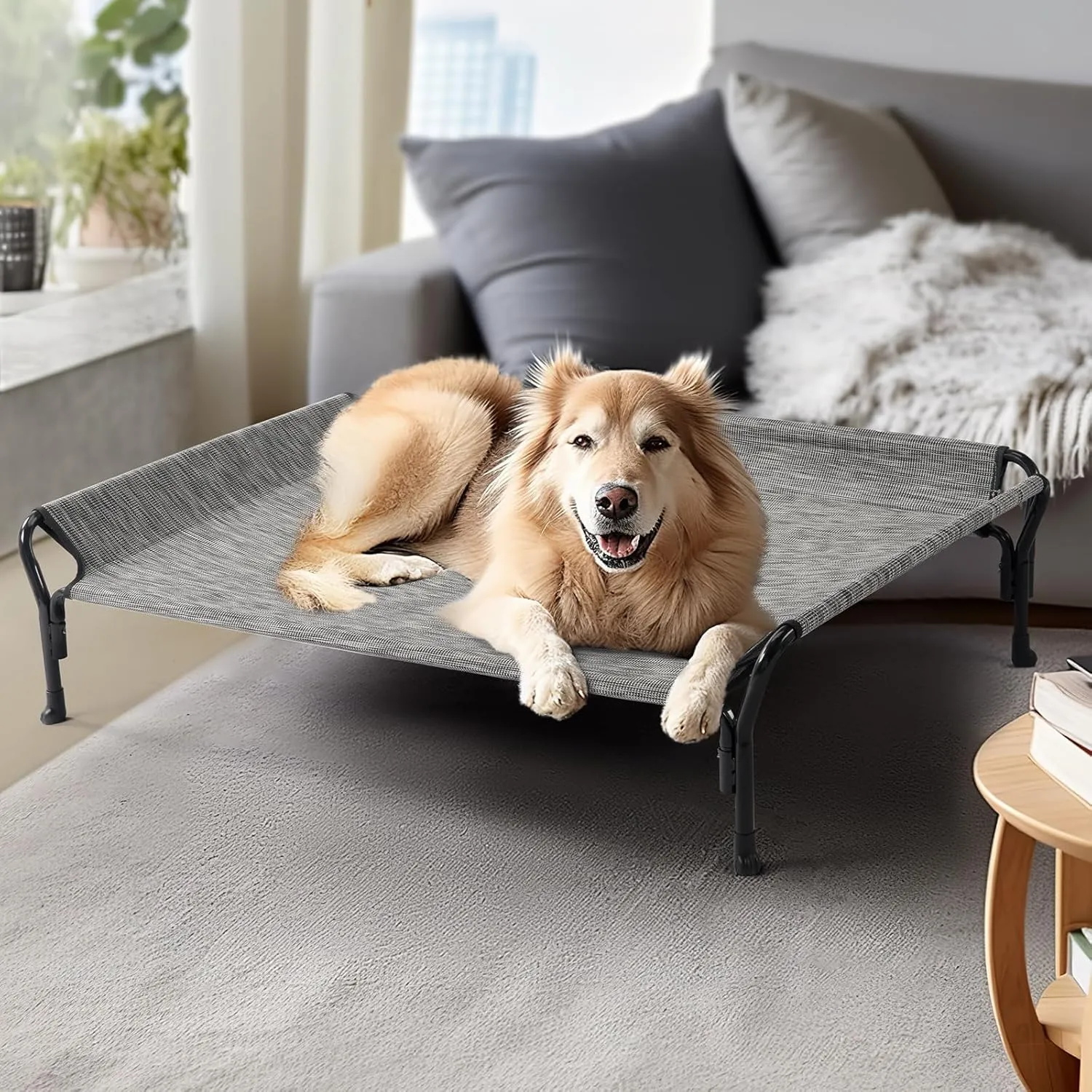 Veehoo Cooling Elevated Dog Bed, XL Raised Pet Cot with Guardrail & Slope Headrest, Durable Breathable Teslin Mesh, Non-Slip Feet, Washable Dog Couch Bed for Indoor & Outdoor, X Large, Black Silver