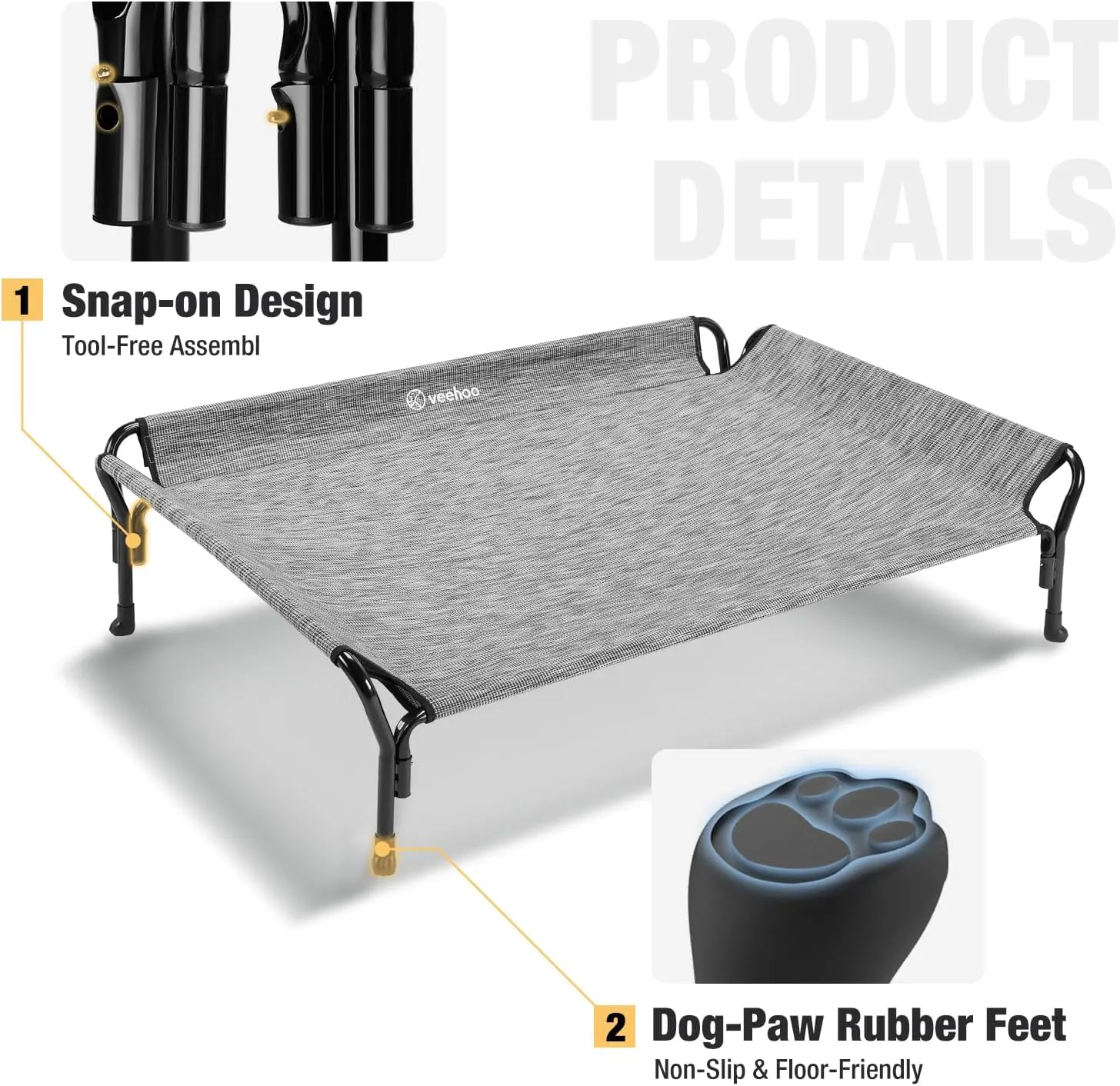 Veehoo Cooling Elevated Dog Bed, XL Raised Pet Cot with Guardrail & Slope Headrest, Durable Breathable Teslin Mesh, Non-Slip Feet, Washable Dog Couch Bed for Indoor & Outdoor, X Large, Black Silver