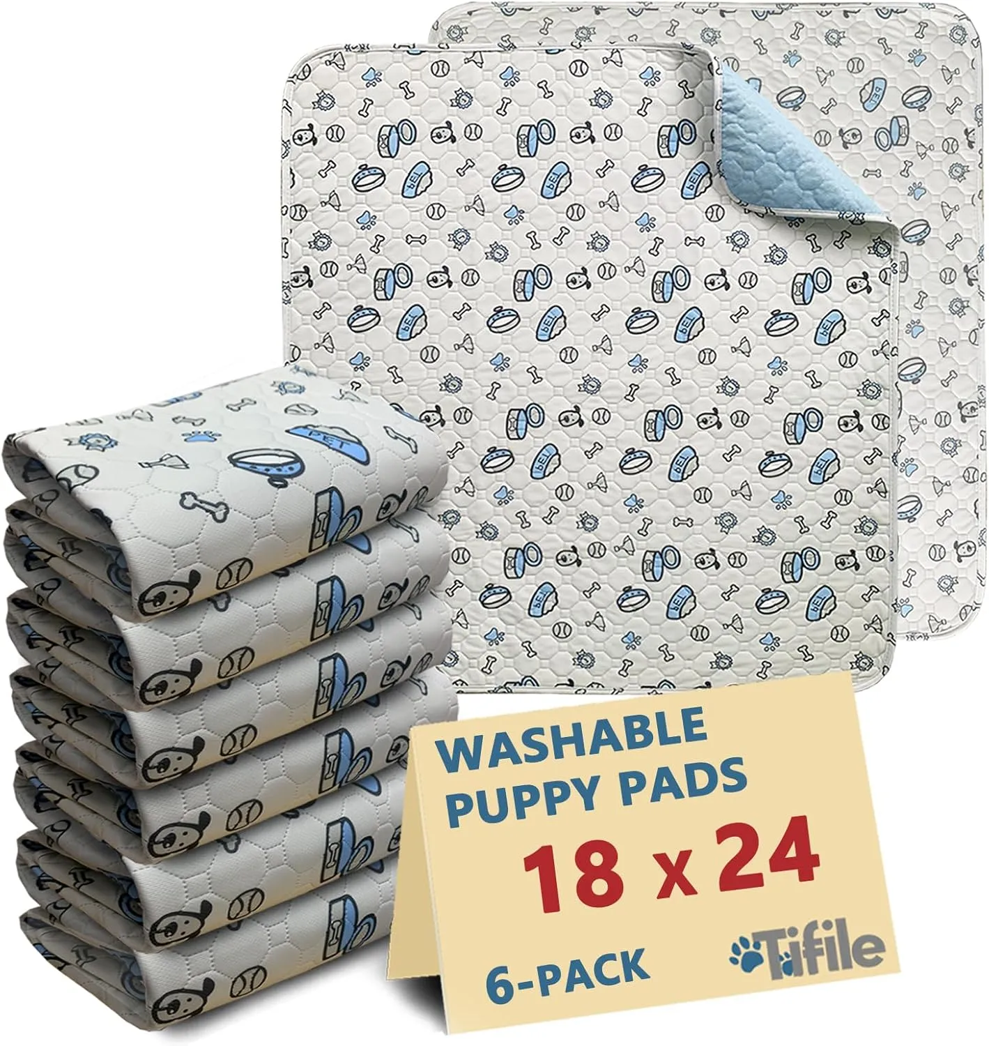 Washable Pee Pads for Dogs, 18x24in Reusable Puppy Pads, Absorbent Whelping Pads with Bone Print, Non-Slip Waterproof Pet Training Pads for Couch, Crate, Potty Training - 6 Pack