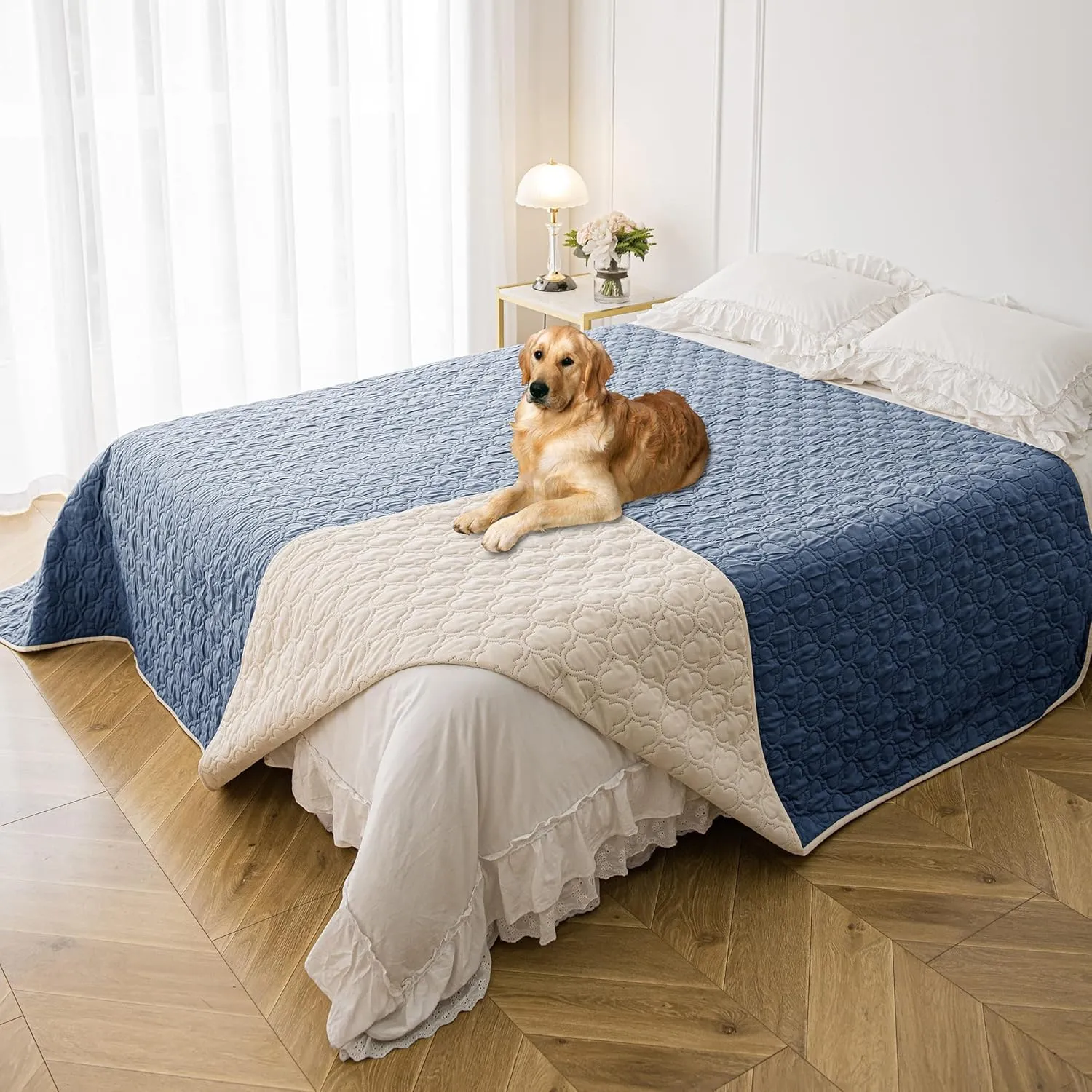 Waterproof Dog Blanket, Washable Pet Couch Covers for Dogs, Sofa Bed Furniture Protector Cover for Puppy Kids Reversible(68x82 Inch, Blue Cream)