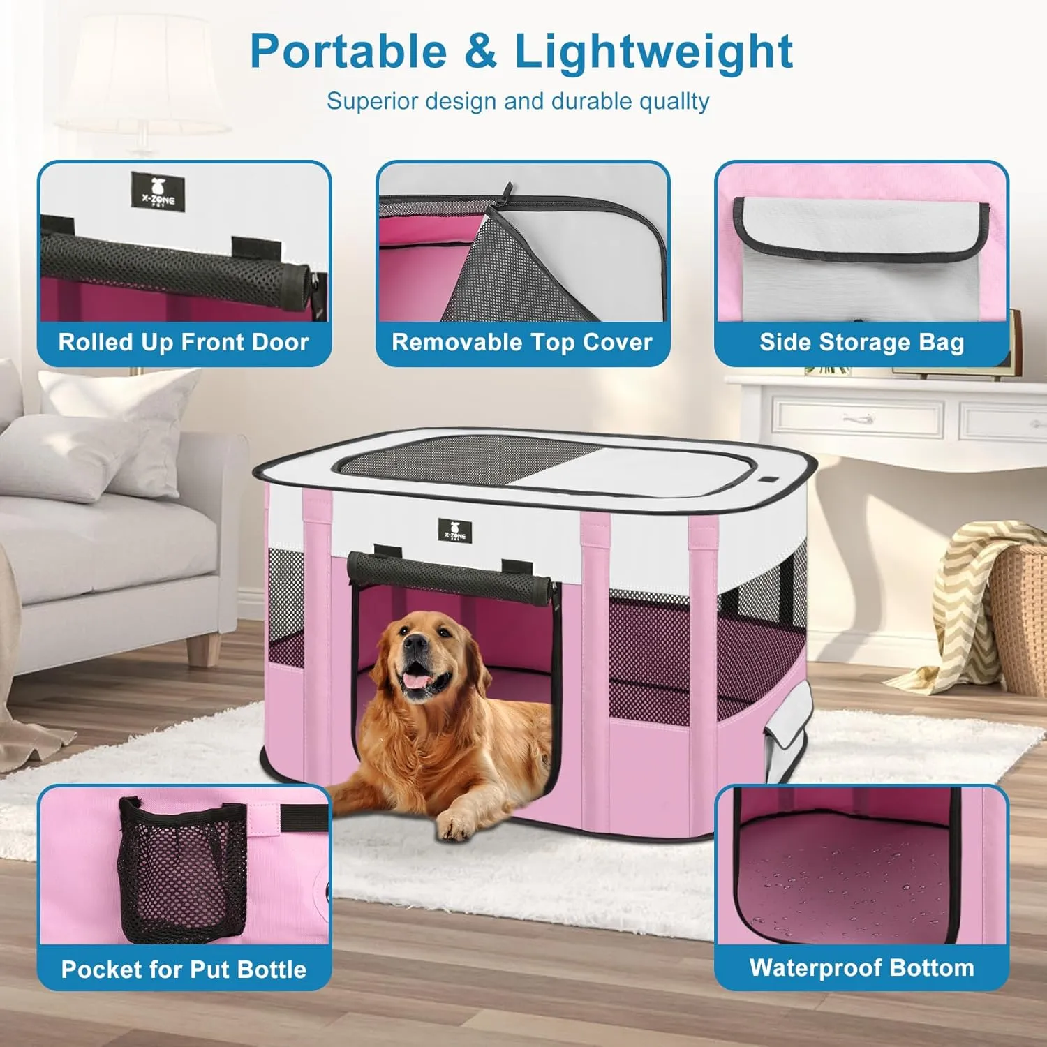 X-ZONE PET Dog Playpen, Puppy Cat Play Pen Portable Foldable Indoor/Outdoor Tent Crate Cage, Portable Pet Crate Large Size Pink 45"