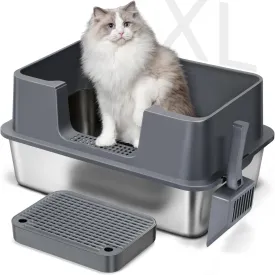 XL Stainless Steel Cat Litter Box with Lid  High Sides, Leak-Proof, Non-Stick Metal Litter Box for Large Cats  Easy to Clean, Includes Filter Pedal, Scoop & Cleaning Brush