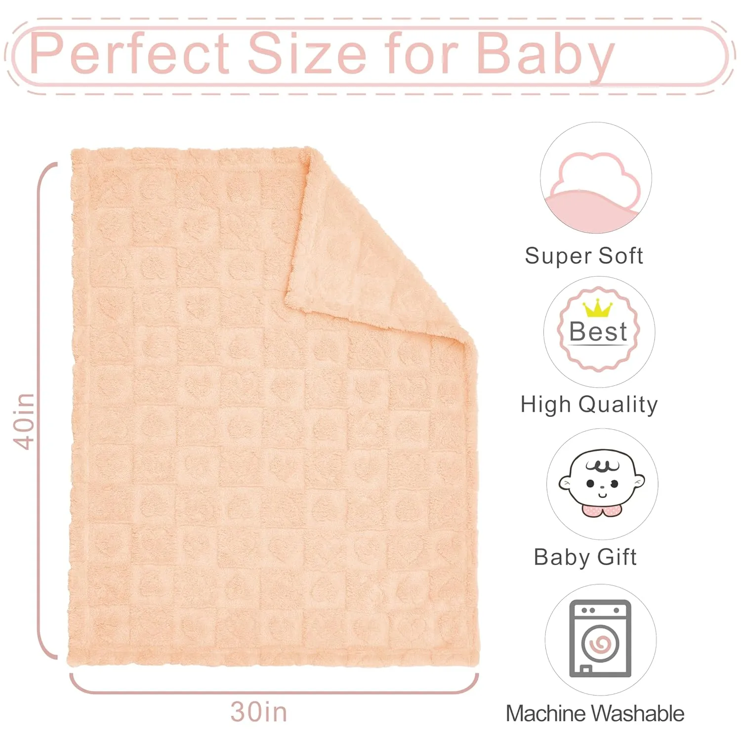 Yurhap Fleece Baby Blanket Heart Checkered, Ultra Soft Cozy Baby Blankets for Girls Boys, Fluffy Infant Toddler Newborn Receiving Gifts for Crib Stroller 30"x40" (Apricot Pink)
